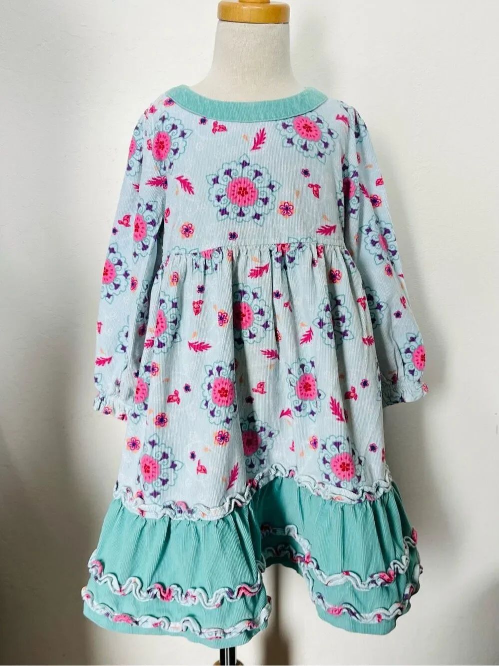 Hanna Andersson Vintage Multi-Color Corduroy Ruffle Long Sleeve Dress Girls Size